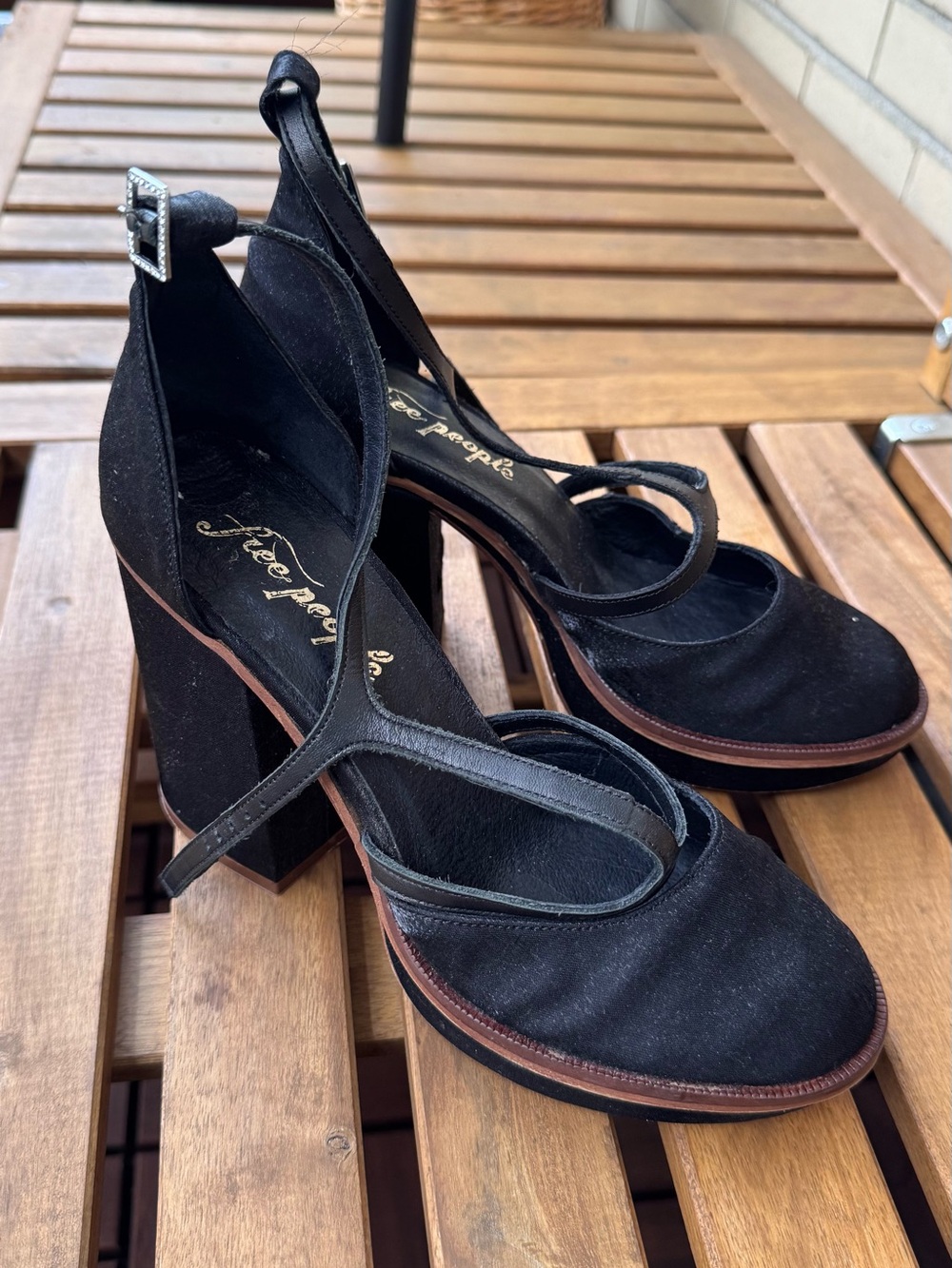 Free People Black Suede Strappy Block Heel Sandals